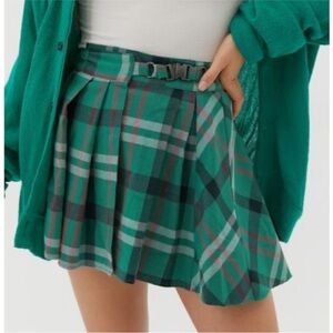 UO Plaid Green Pleated Marianne Buckle Skirt